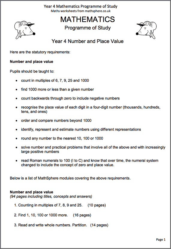 Worksheets Year 4 Maths mathsphere maths programme of study year 4 study